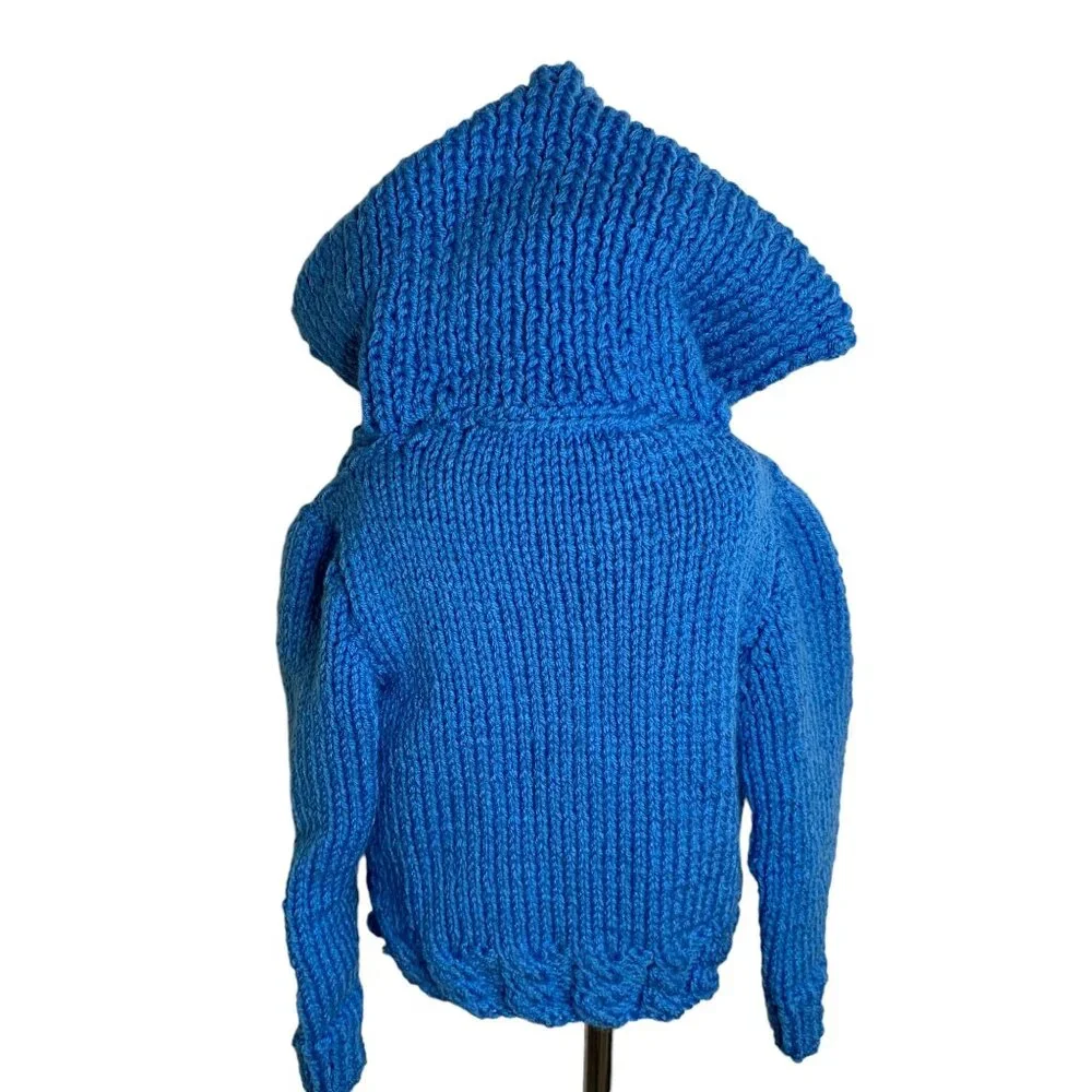 Vintage Handmade Toddler 4T Blue Cable Knit Hooded Cardigan Sweater Full Zipper